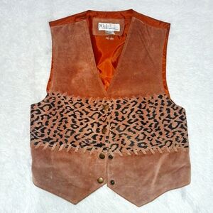 Brown Leather Vest with Leopard Print Vintage Small